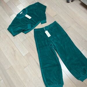 Suzie Kondi soft cotton velour spruce green high waist harem pants & top set